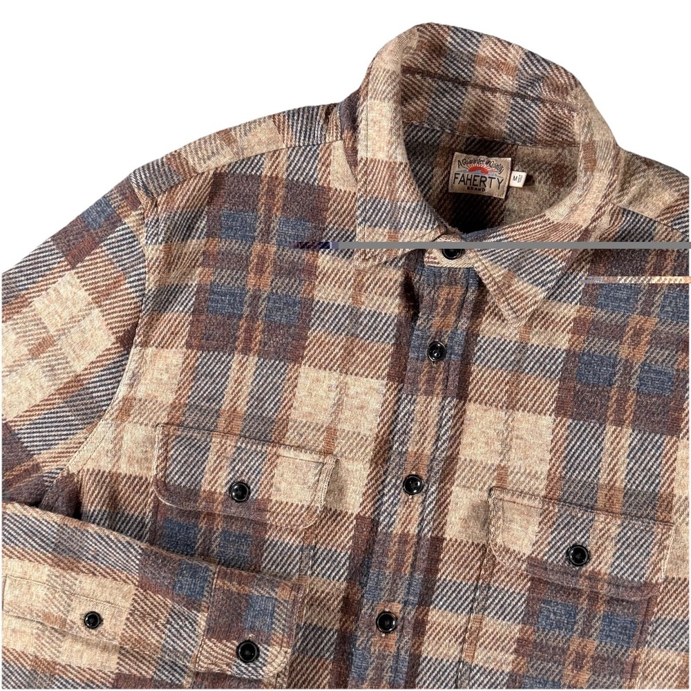 Faherty Legend Sweater Shirt Men M Brown Plaid Soft Shacket Gorpcore Button Down